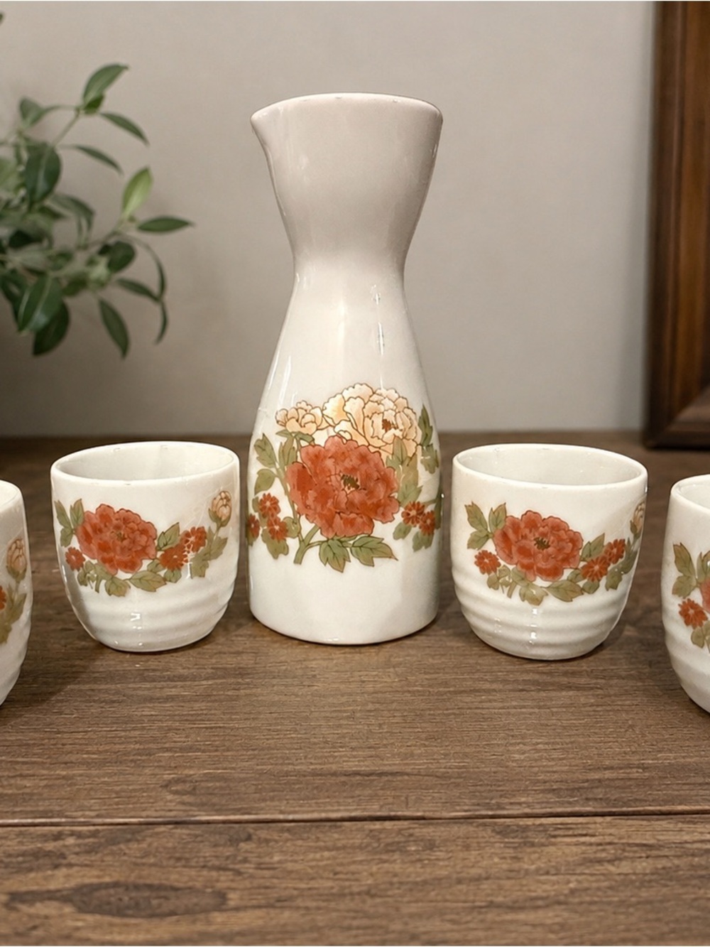 Vintage Japan Floral Porcelain Sake Set Carafe 4 Cups Metal Funnel 5 Pc
